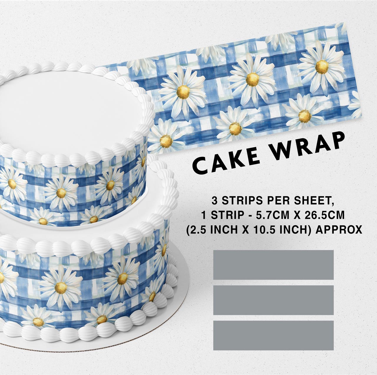 Light Blue White Checked Daisy Flowers Edible Icing Printed Cake Wrap Strips Topper Ribbon Border image 0