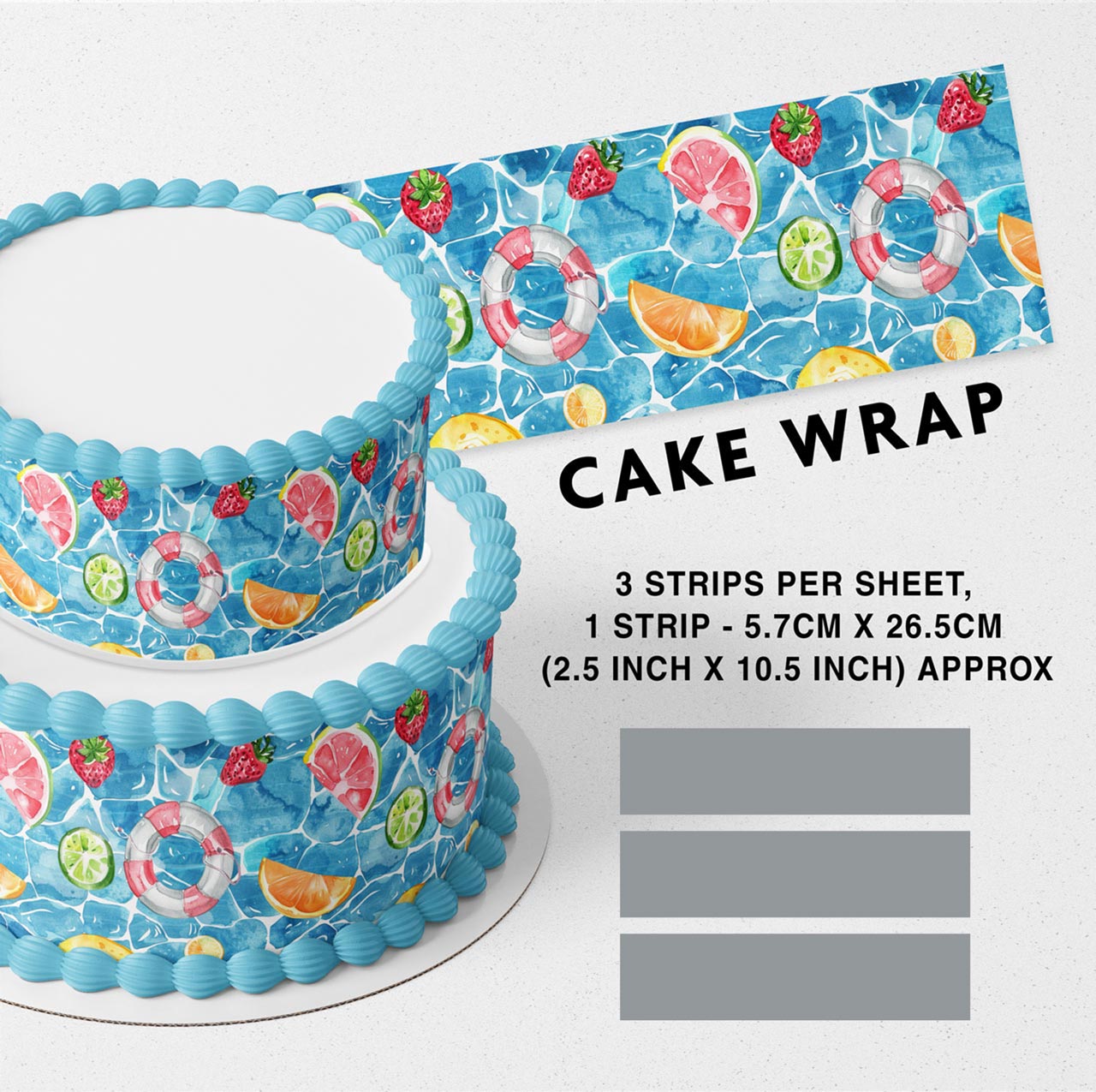 Tropical Fruits Orange Lemon Strawberry Water Pool Summer Edible Icing Printed Cake Wrap Strips Topper Ribbon Border image 0