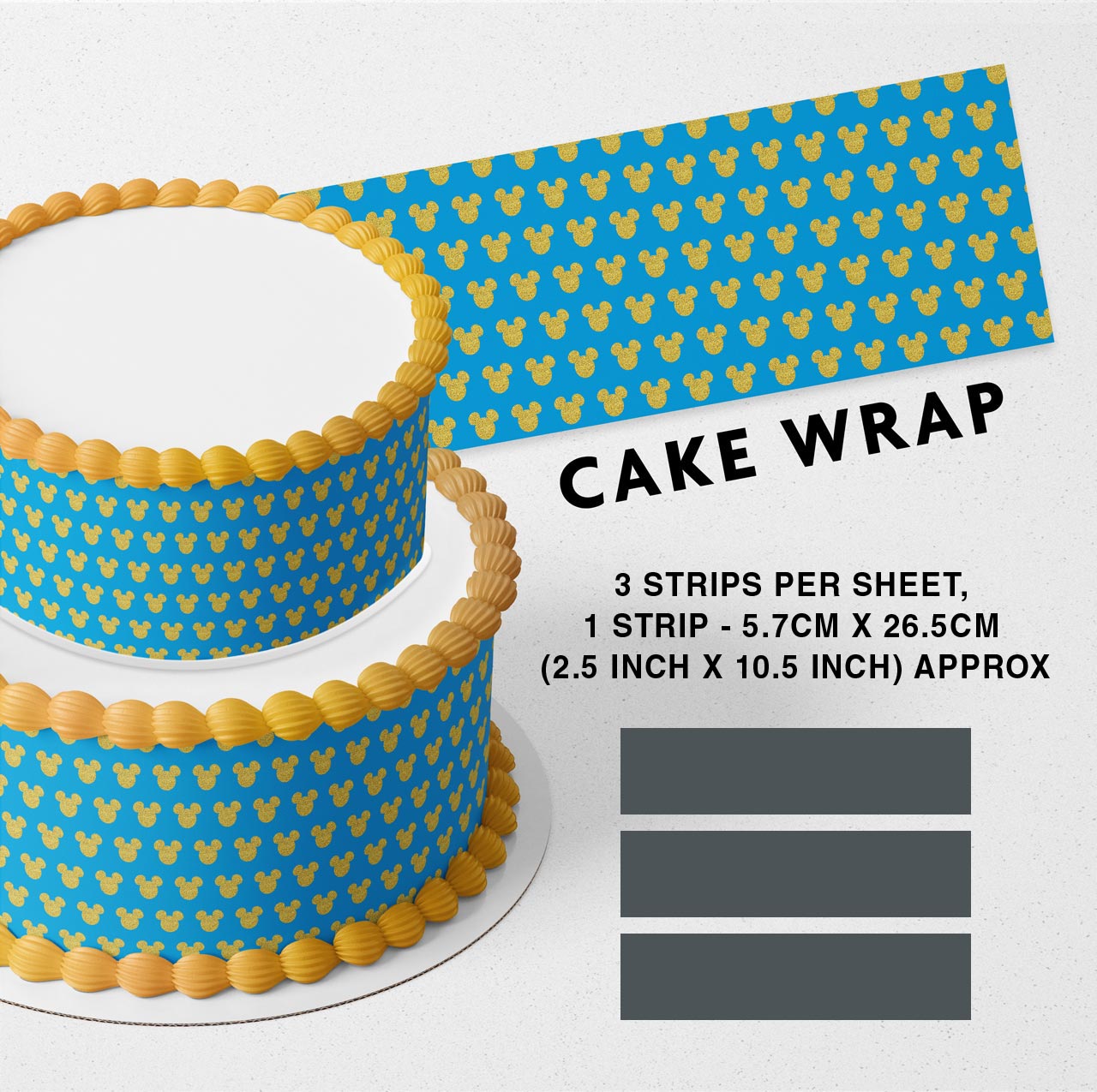 Little Mini Mouse Blue Gold Pattern Strips Edible Icing Printed Cake Wrap Strips Topper Ribbon Border image 0