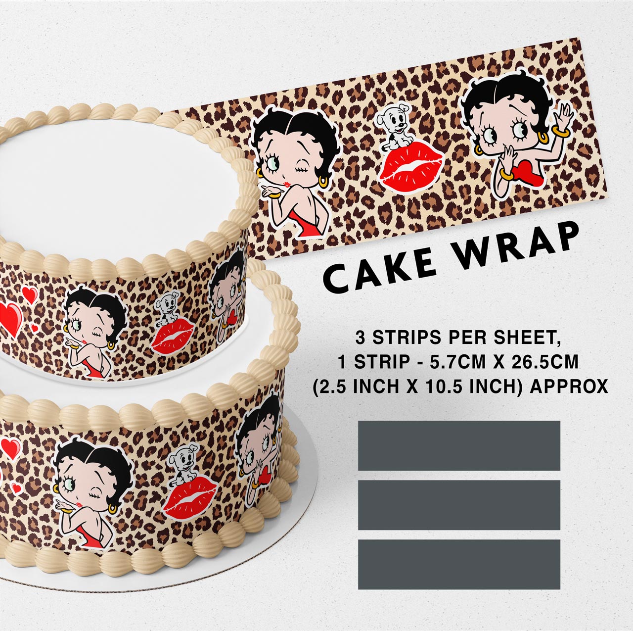 Betty Boop Leopard Print Strips Edible Icing Printed Cake Wrap Strips Topper Ribbon Border image 0
