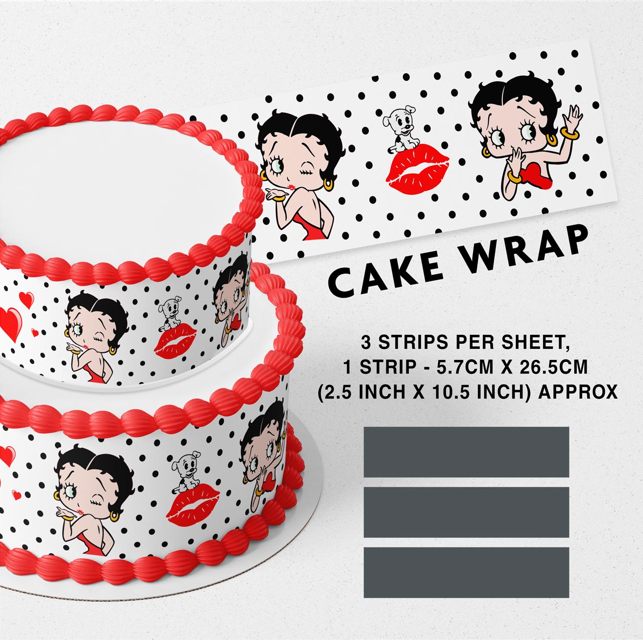 Betty Boop Black Dots Strips Edible Icing Printed Cake Wrap Strips Topper Ribbon Border image 0