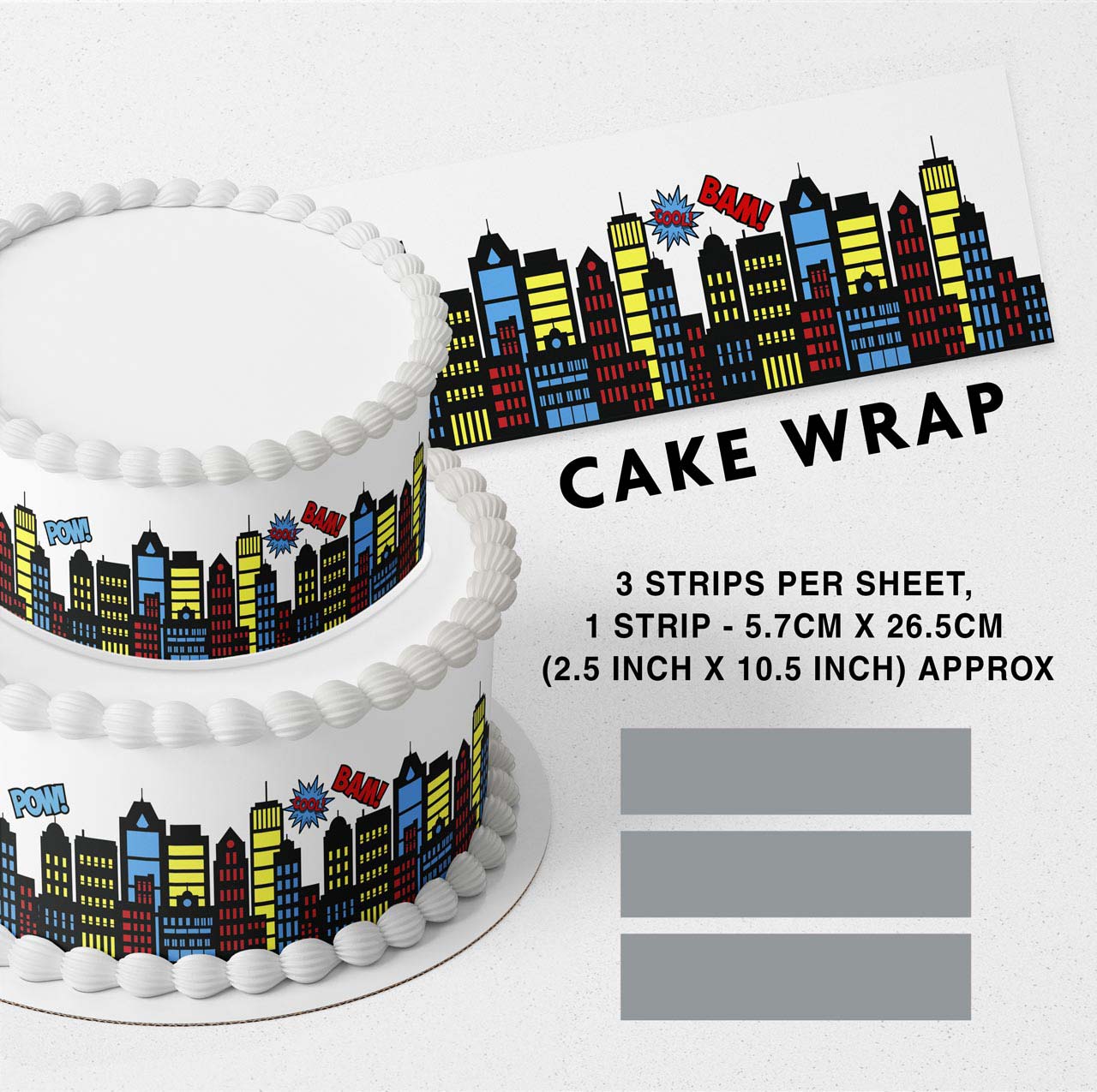 Super Heroes Bulding Background CLR Edible Icing Printed Cake Wrap Strips Topper Ribbon Border image 0