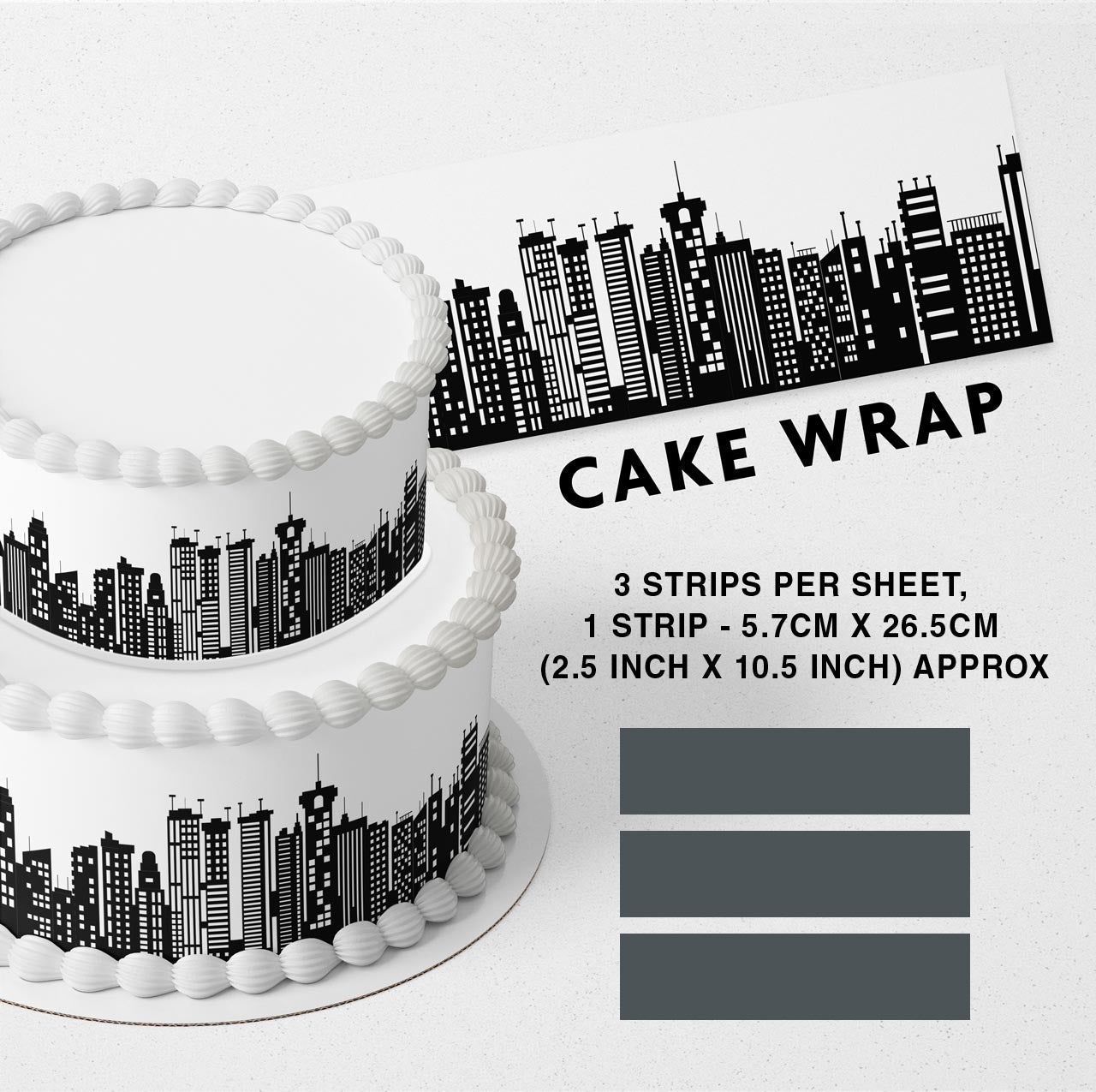 Super Heroes Bulding Background BLK Strips Edible Icing Printed Cake Wrap Strips Topper Ribbon Border image 0