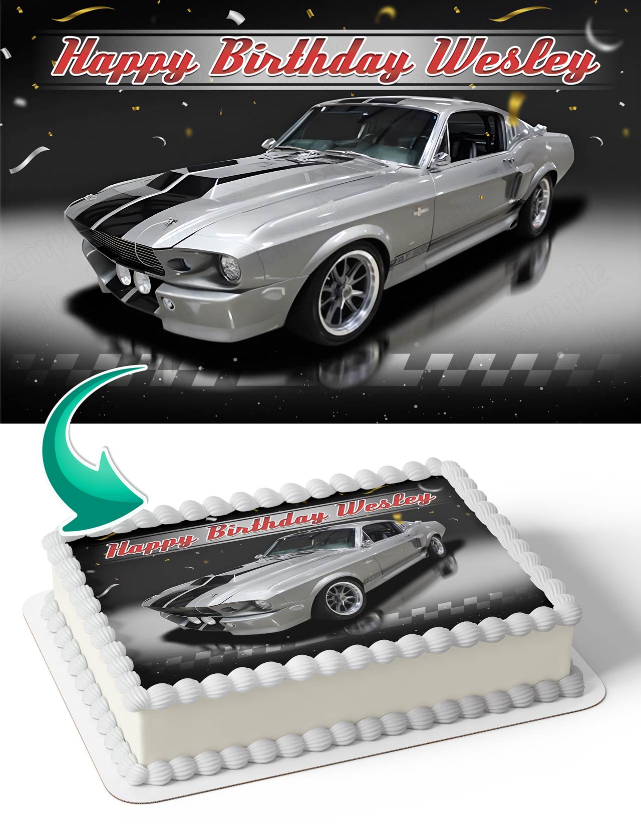 1968 Silver Ford Mustang Fastback Edible Cake Topper
