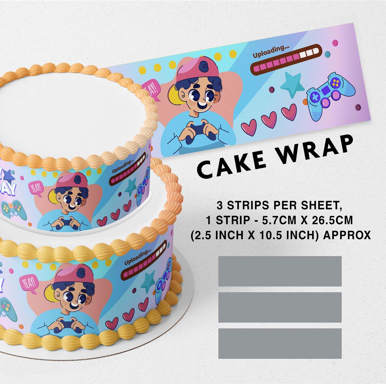 Gaming Gamer Video Games Edible Icing Printed Cake Wrap Strips Topper Ribbon Border image 0