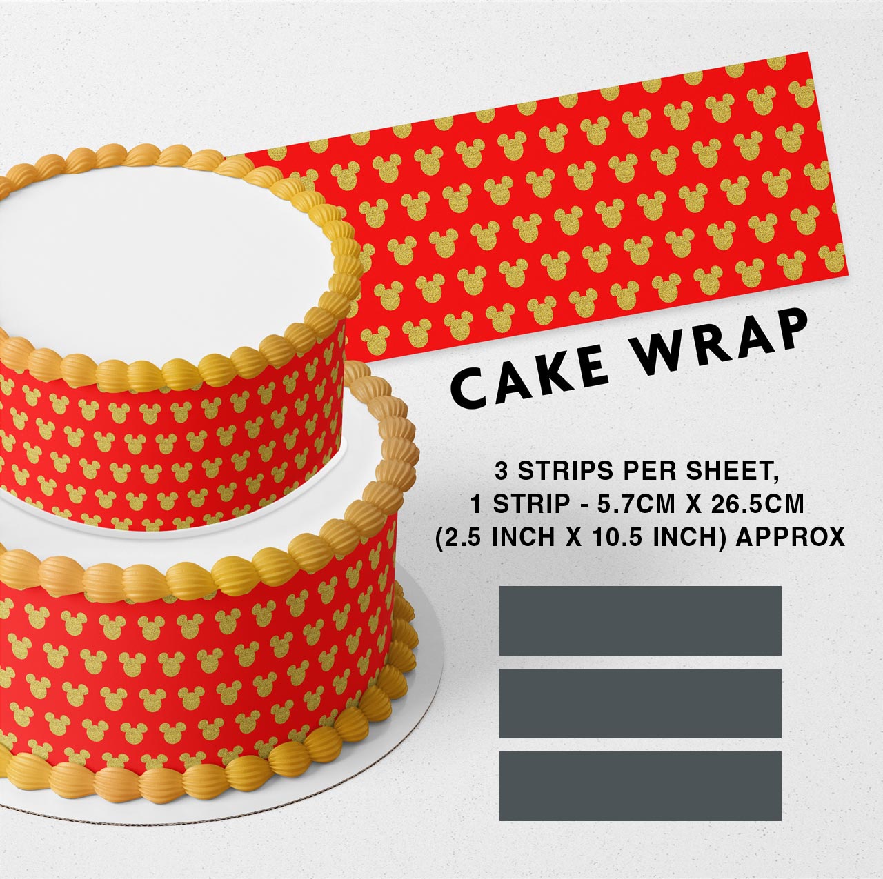 Little Mini Mouse Red Gold Pattern Strips Edible Icing Printed Cake Wrap Strips Topper Ribbon Border image 0