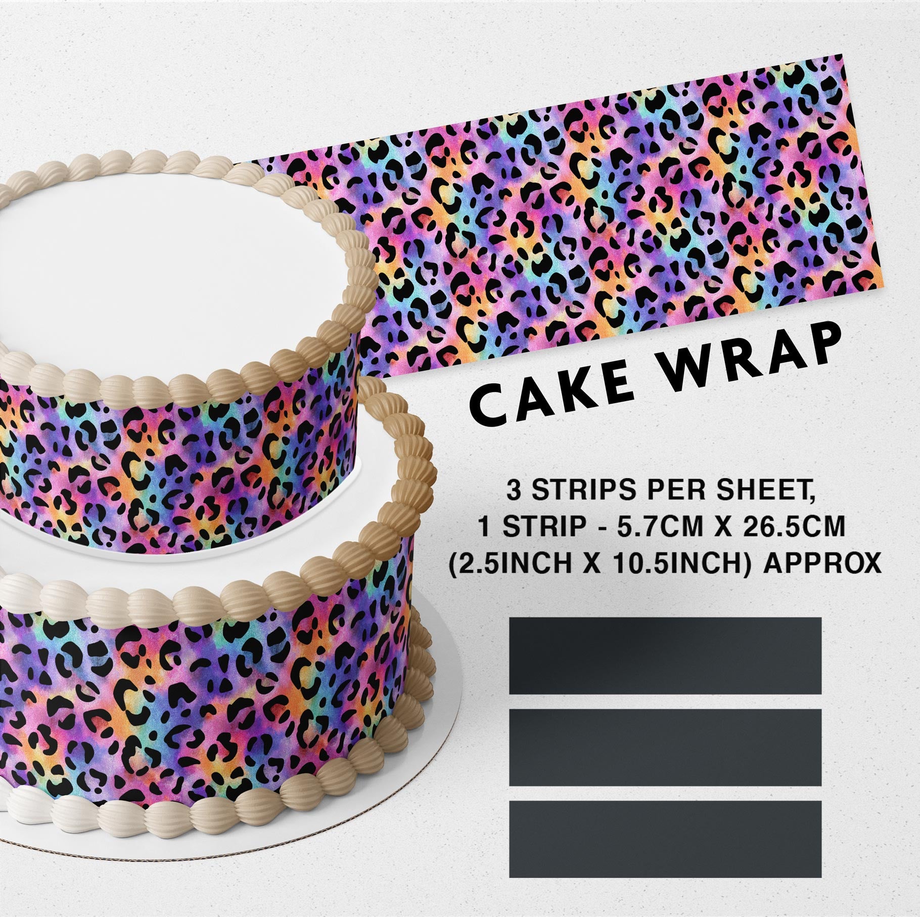 Neon Color Rainbow Leopard Pattern Edible Icing Printed Cake Wrap Strips Topper Ribbon Border image 0