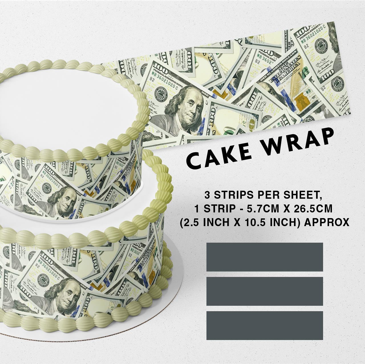 100 Dollar Bill Strips Edible Icing Printed Cake Wrap Strips Topper Ribbon Border image 0