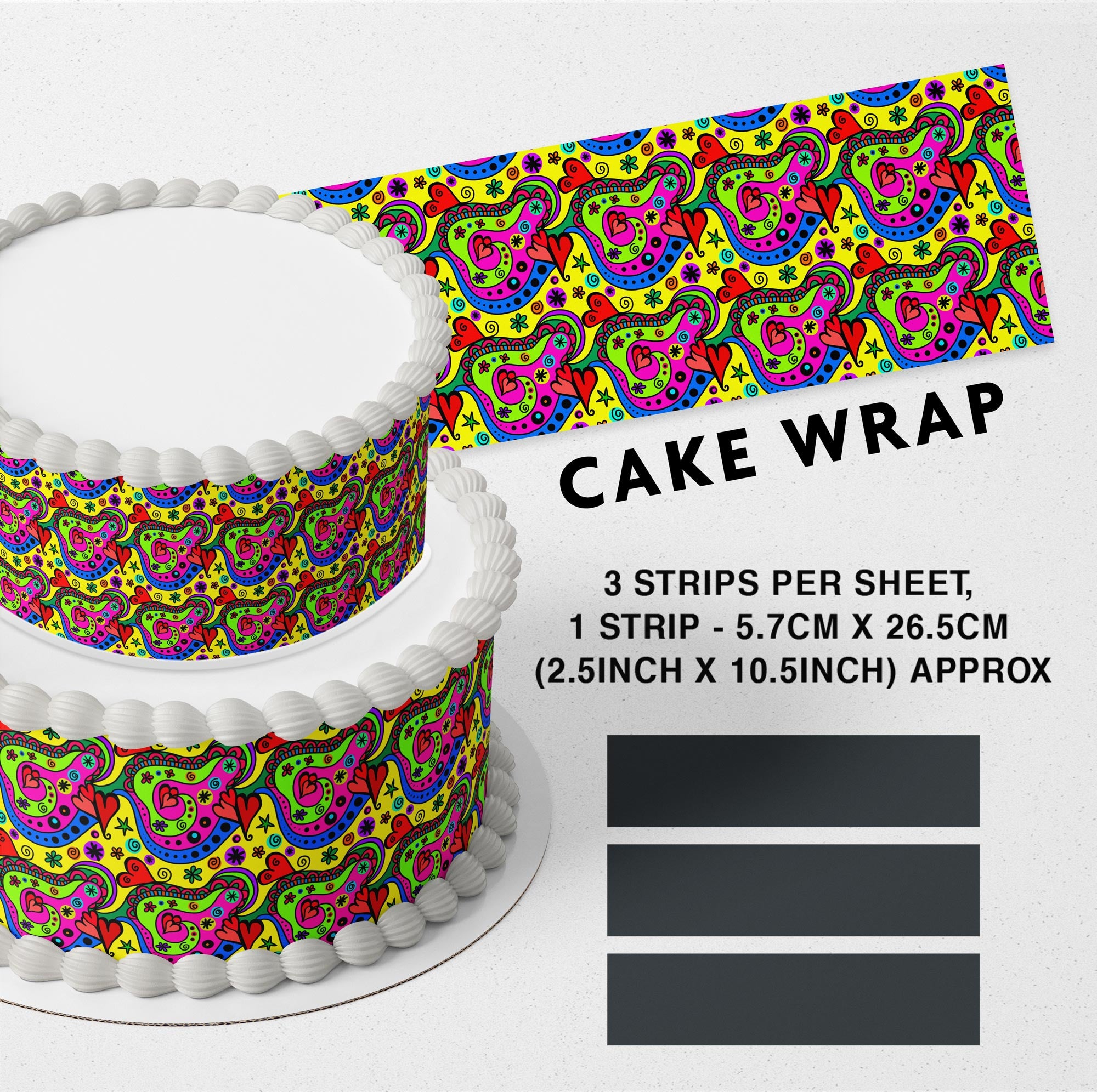 Crazy Hand Drawn Doodle B Edible Icing Printed Cake Wrap Strips Topper Ribbon Border image 0