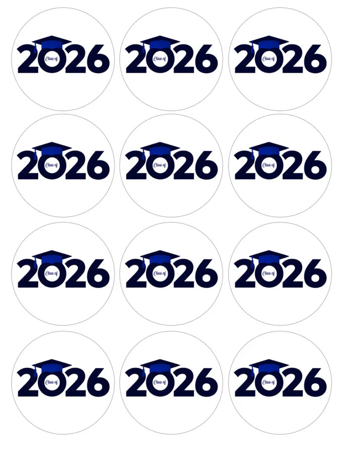2026 Graduation Blue Edible Cupcake Toppers Icing Sheet or Wafer Paper