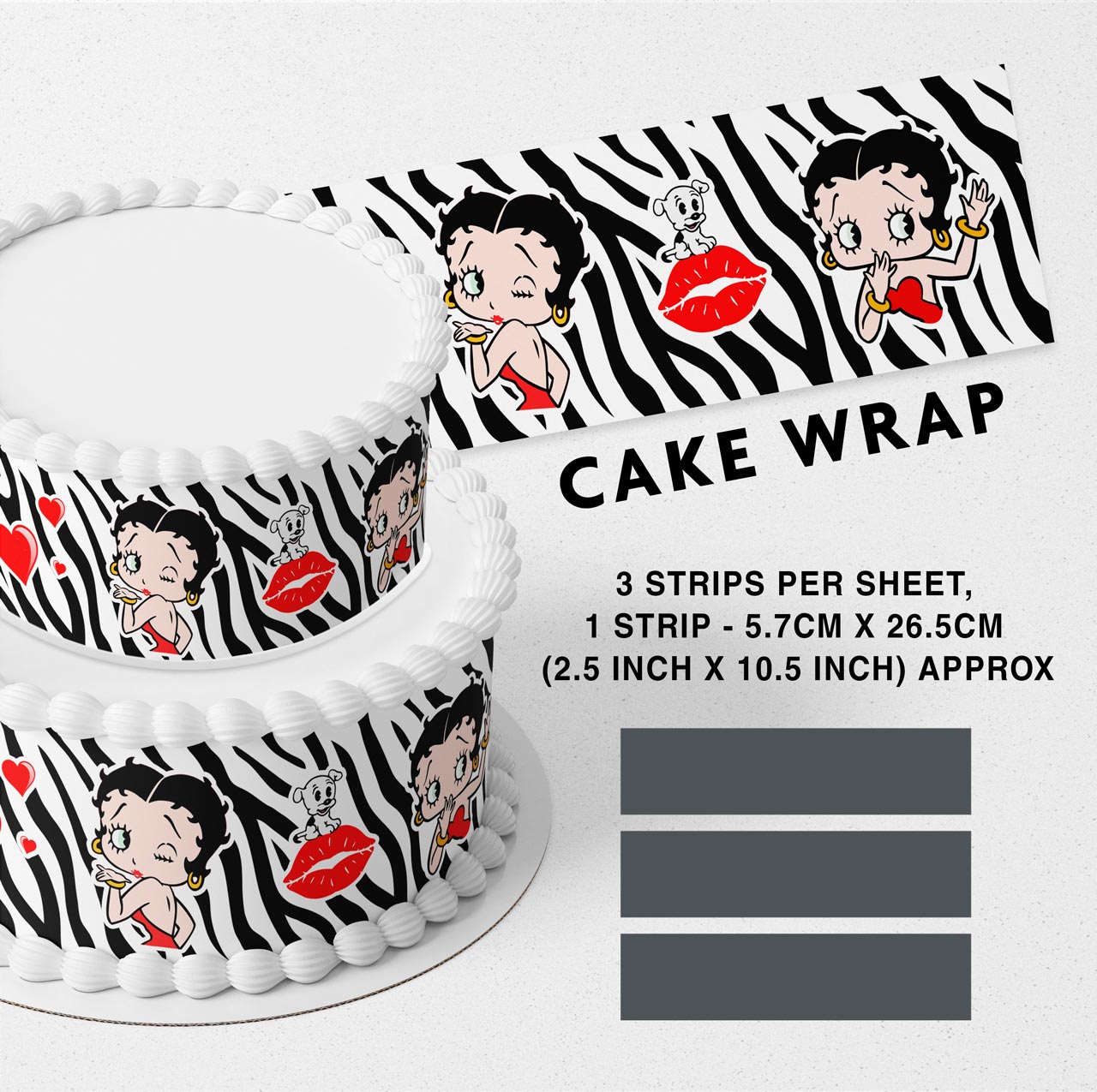 Betty Boop Zebra Print Strips Edible Icing Printed Cake Wrap Strips Topper Ribbon Border image 0