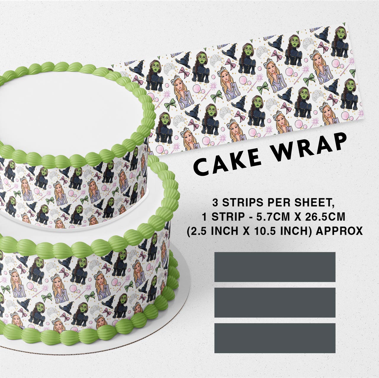 Elphaba Glinda Wickeid Movie Themed Strips Edible Icing Printed Cake Wrap Strips Topper Ribbon Border image 0