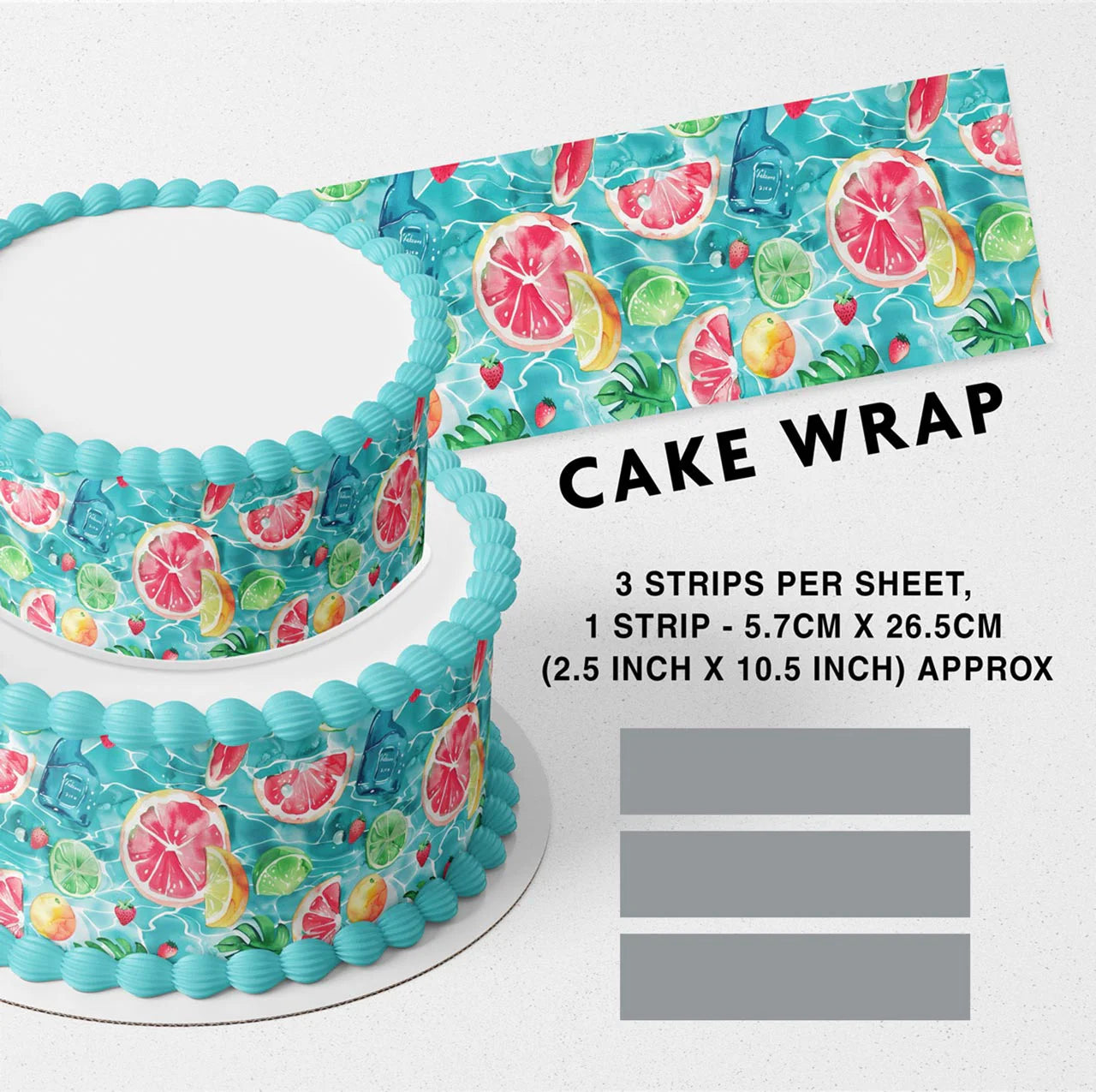 Tropical Fruits Orange Lemon Strawberry Water Edible Icing Printed Cake Wrap Strips Topper Ribbon Border image 0