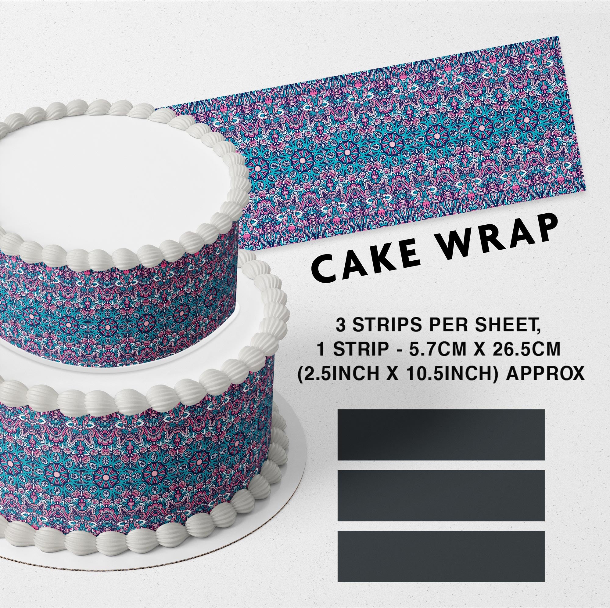 Boho Mandala, Ethnic Floral, Bohemian C Edible Icing Printed Cake Wrap Strips Topper Ribbon Border image 0