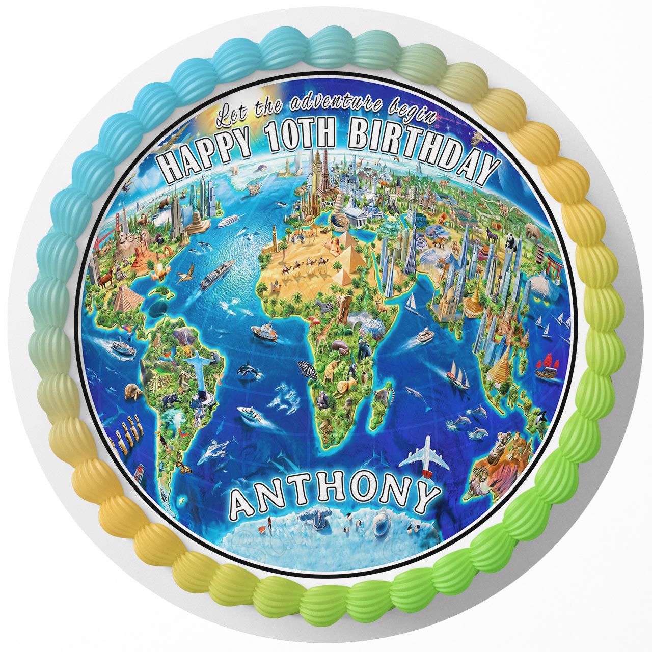 3D World Map Round – Icing Sheet Birthday - Personalized Edible Cake Topper | Custom Icing Sheet | Birthday Cake Decoration | Photo Cake Image