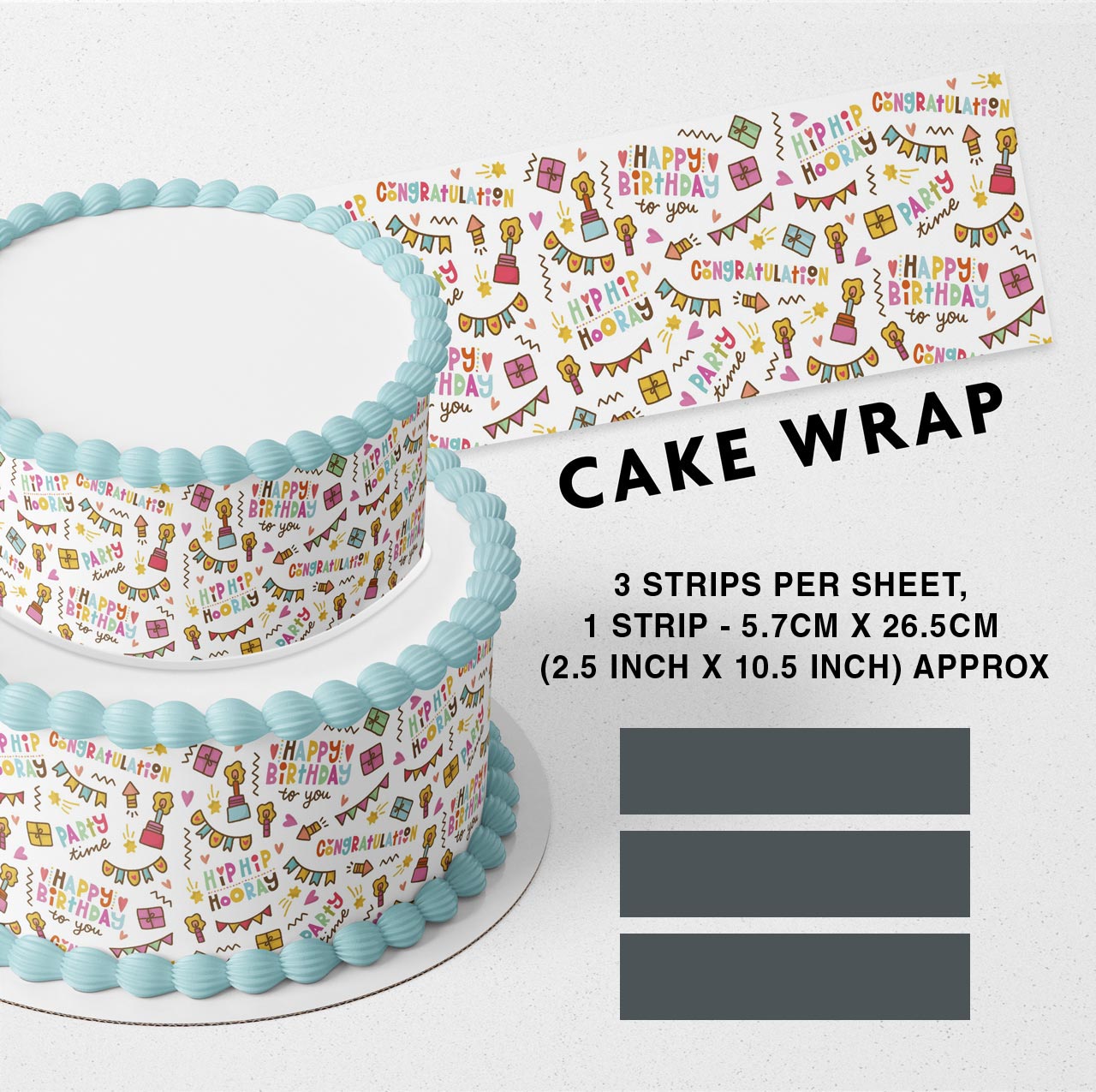 Happy Birthday Strips Edible Icing Printed Cake Wrap Strips Topper Ribbon Border image 0