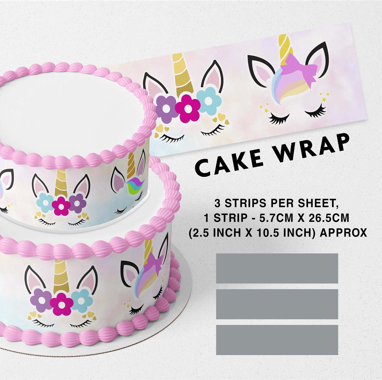 Floral Unicorn Face Edible Icing Printed Cake Wrap Strips Topper Ribbon Border image 0