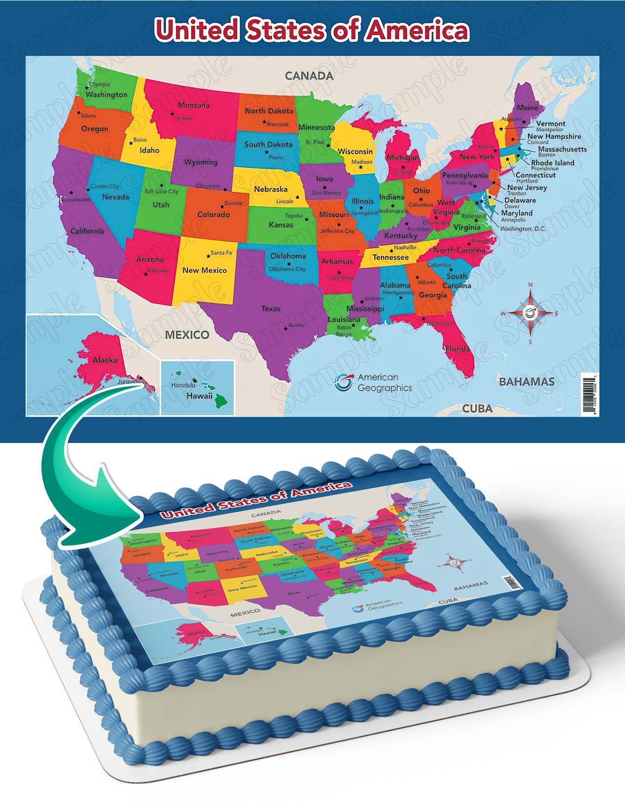 USA United State of America Map Edible Cake Topper