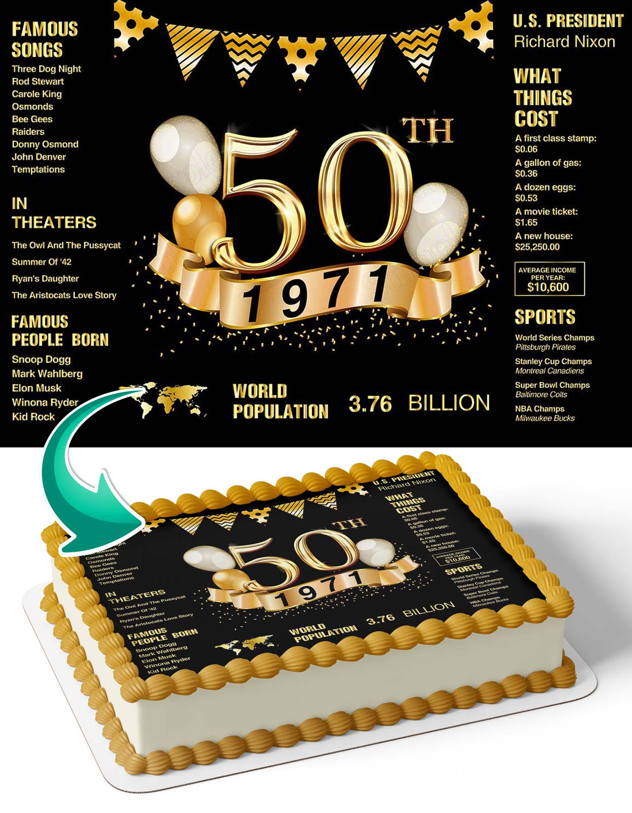 50th Black Golden Glitter Shiny 50 Year Old Wedding Anniversary Party 50A Edible Cake Topper