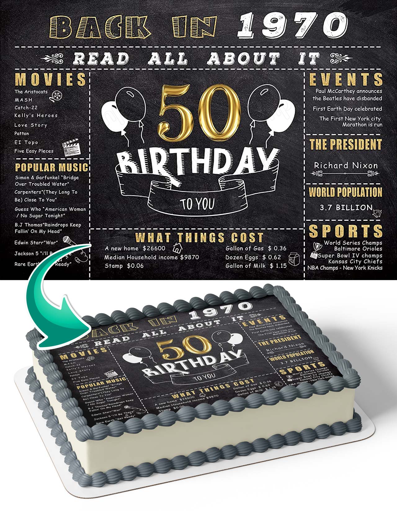 50th Black Golden Glitter Shiny 50 Year Old Wedding Anniversary Party 50B Edible Cake Topper