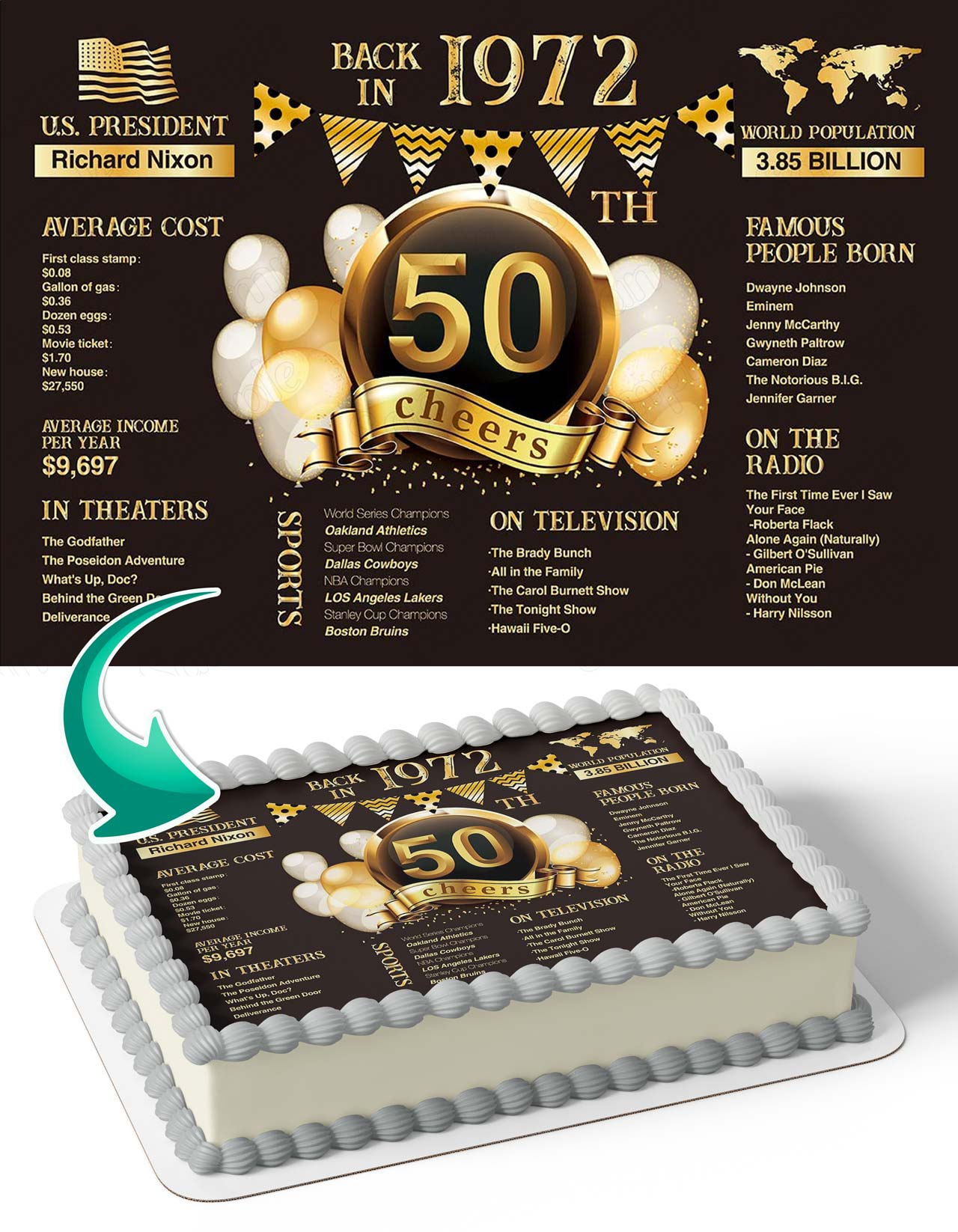 50th Black Golden Glitter Shiny 50 Year Old Wedding Anniversary Party 50C Edible Cake Topper
