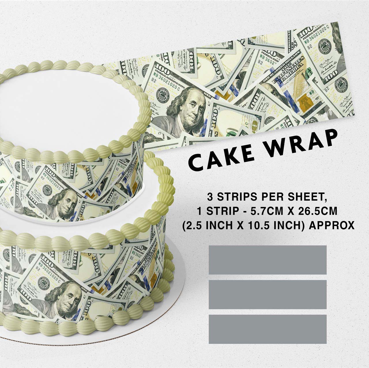 100 Dollar Bill Money Edible Icing Printed Cake Wrap Strips Topper Ribbon Border image 0