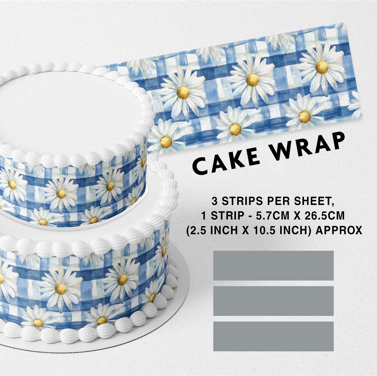Light Blue White Checked Daisy Flowers Edible Icing Printed Cake Wrap Strips Topper Ribbon Border image 0