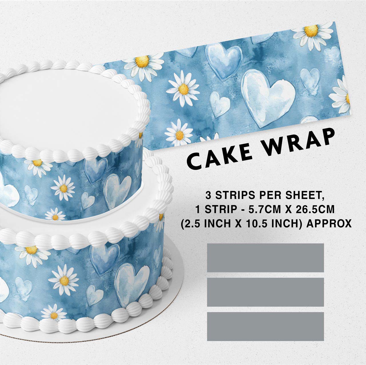 Light Blue Daisy Flowers and Hearts Edible Icing Printed Cake Wrap Strips Topper Ribbon Border image 0