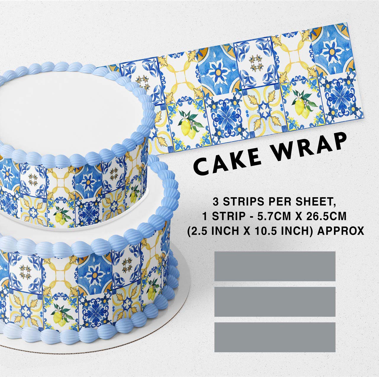 Mediterranean Positano Mosaic Amalfi Lemon Inspired Tile Edible Icing Printed Cake Wrap Strips Topper Ribbon Border image 0