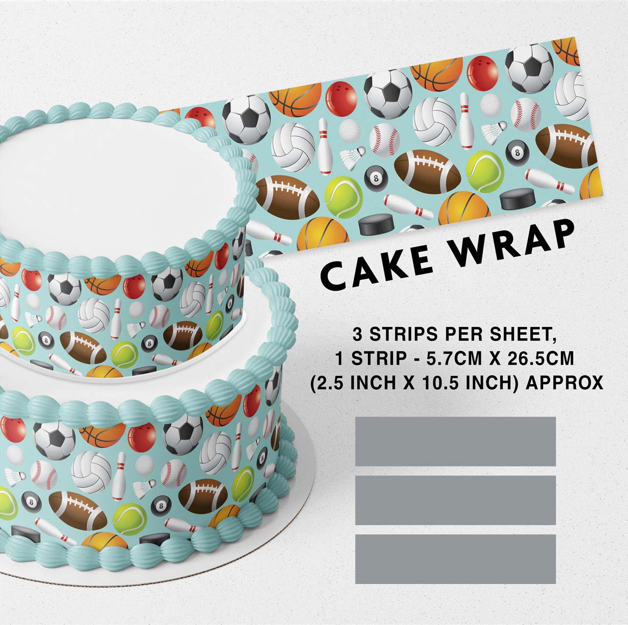 Sports Baseball Basketball Football Bowling Tennis Edible Icing Printed Cake Wrap Strips Topper Ribbon Border image 0