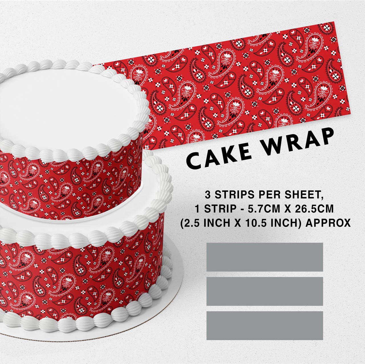 Red Paisley Bandana Edible Icing Printed Cake Wrap Strips Topper Ribbon Border image 0