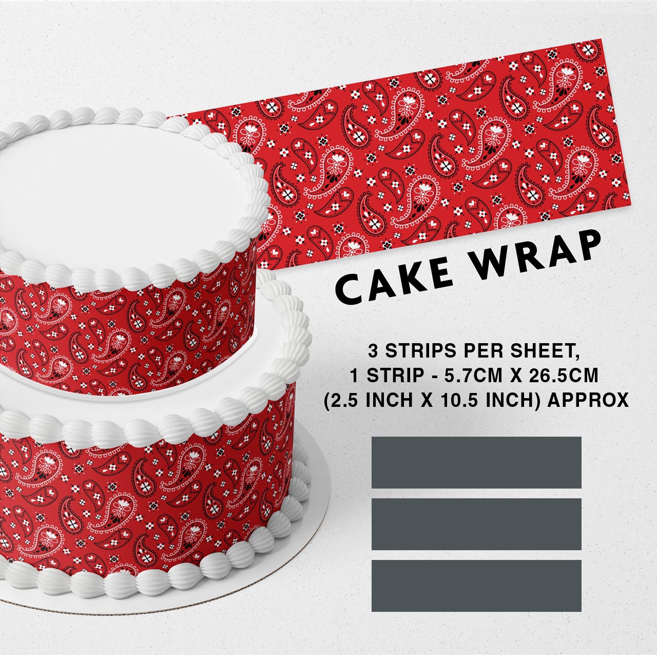 Red Paisley Bandana Strips Edible Icing Printed Cake Wrap Strips Topper Ribbon Border image 0