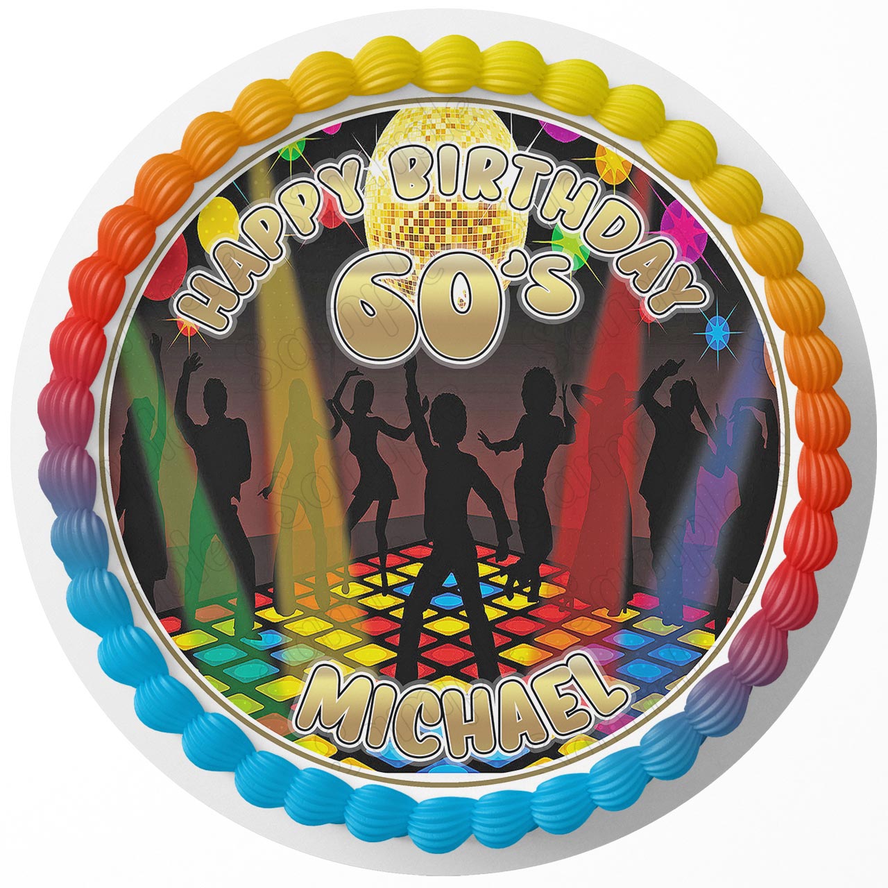 60s Disco Party Round – Icing Sheet Birthday - Personalized Edible Cake Topper | Custom Icing Sheet | Birthday Cake Decoration | Photo Cake Image