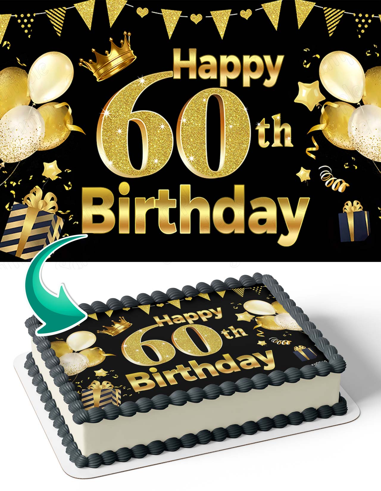 60th Luxury Gold Diamond Black Anniversary Celebration Edible Cake Topper