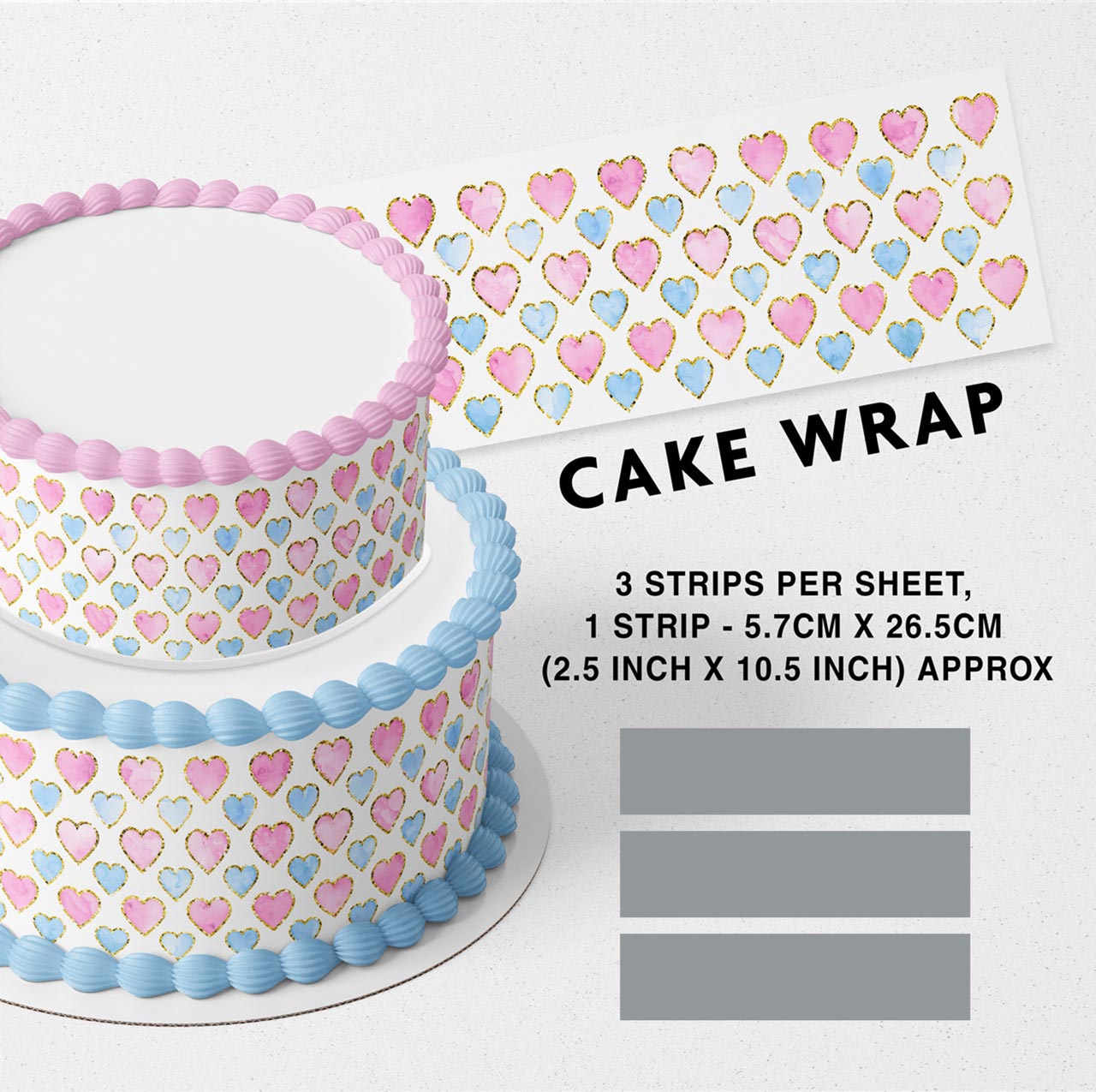 Light Pink Blue Glitter Hearts Edible Icing Printed Cake Wrap Strips Topper Ribbon Border image 0