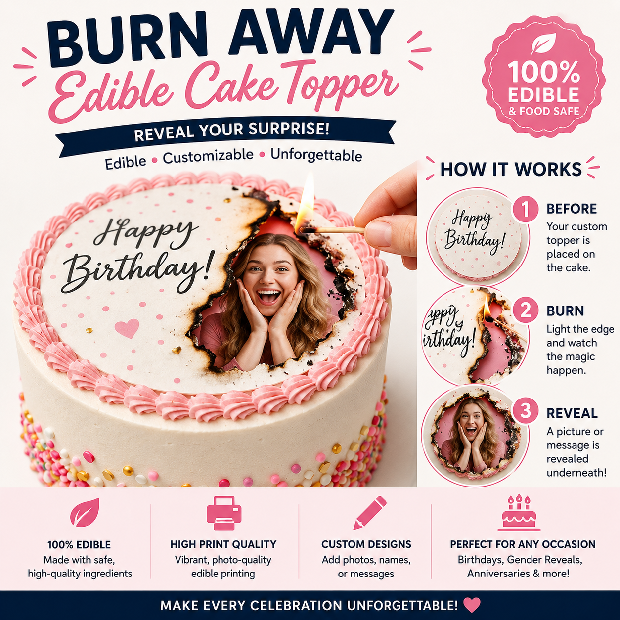 Burn Away Cake Topper Edible Image – Photo Reveal Cake Topper for - Personalized Edible Cake Topper | Custom Icing Sheet | Birthday Cake Decoration