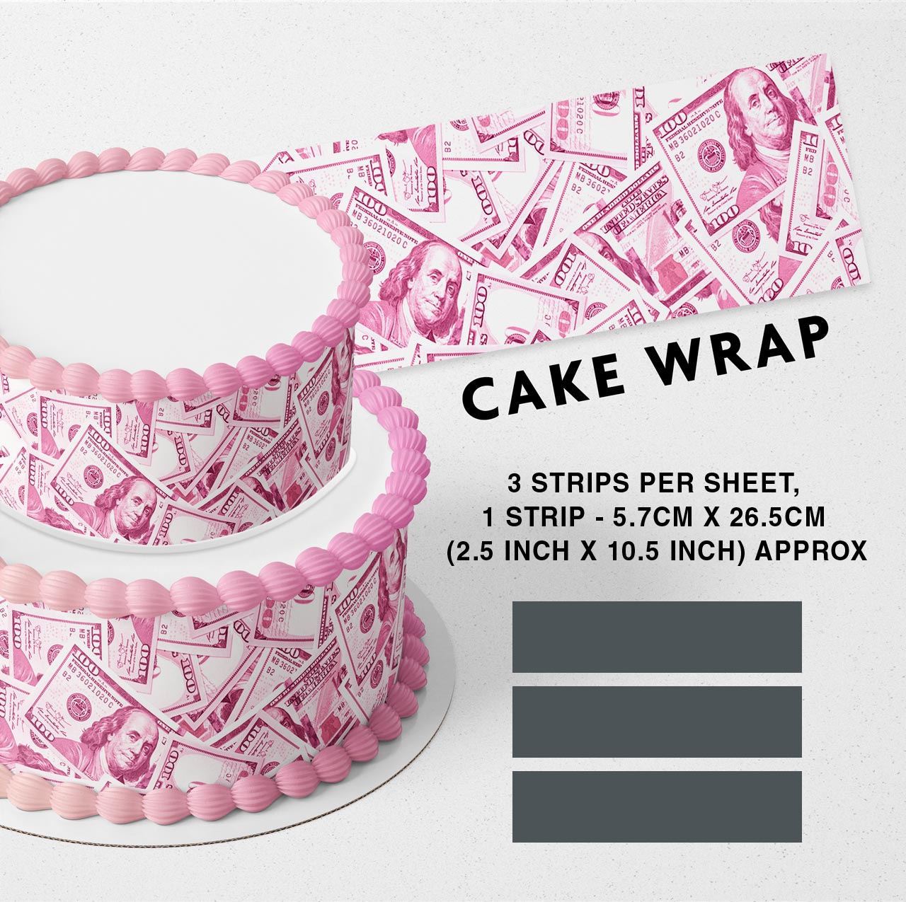 100 Dollar Bill Pink Strips Edible Icing Printed Cake Wrap Strips Topper Ribbon Border image 0
