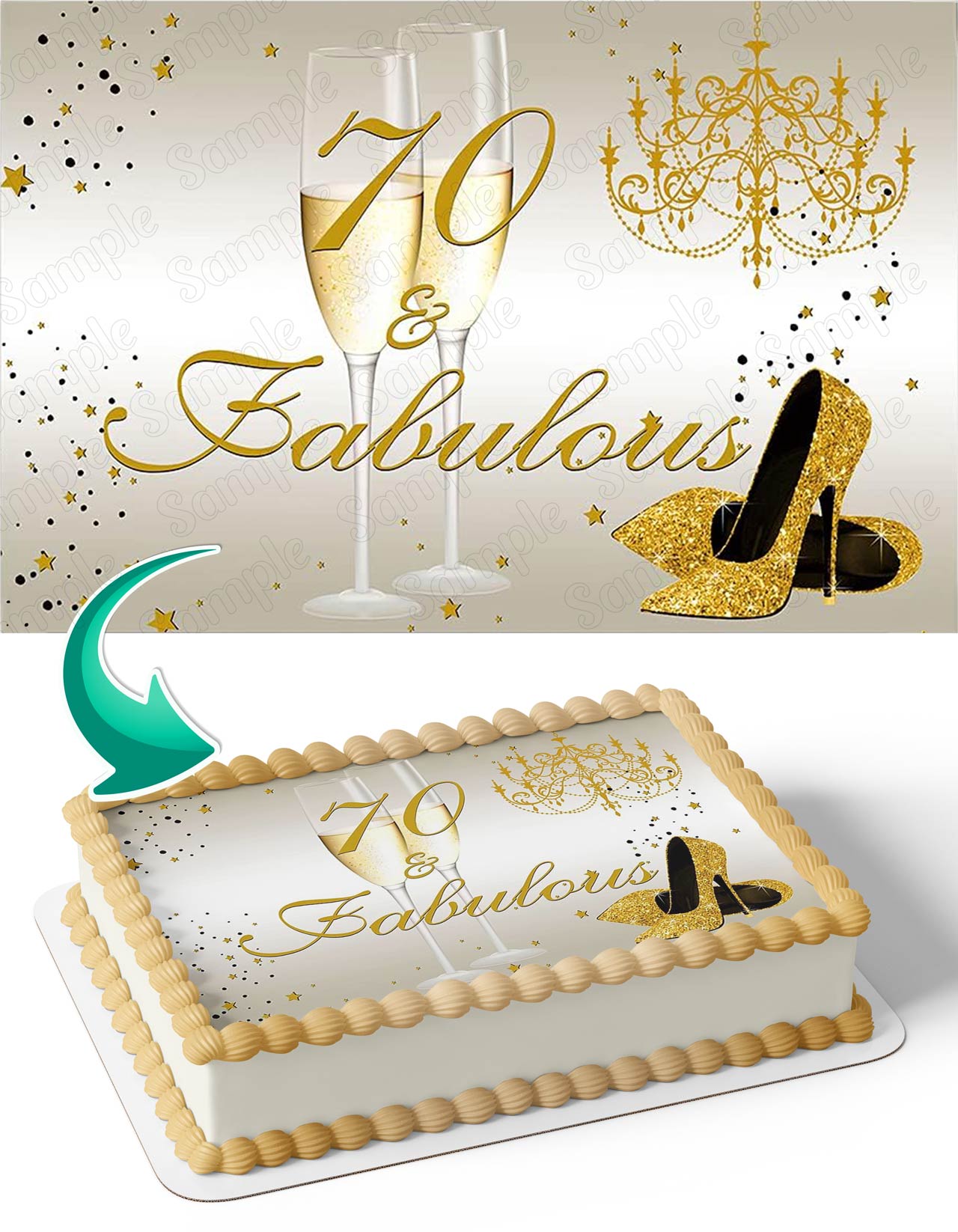 70 and Fabulous Gold Glitter Shoes Anniversary Celebration Edible Cake Topper