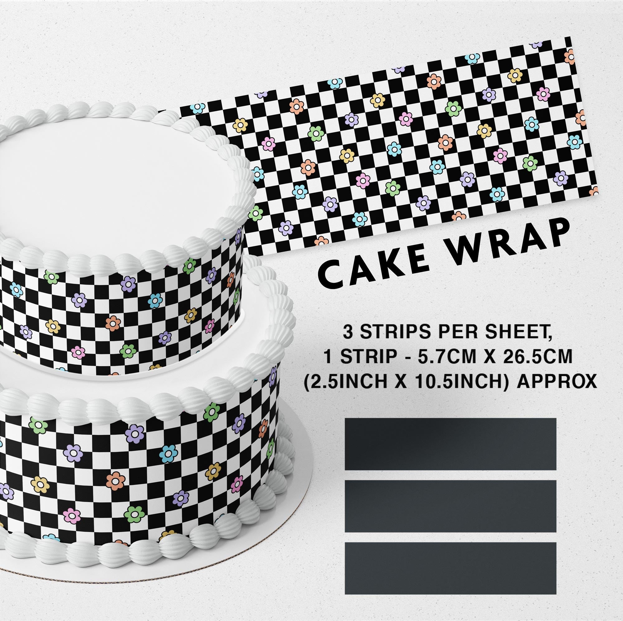 Black White Floral Checkered Edible Icing Printed Cake Wrap Strips Topper Ribbon Border image 0