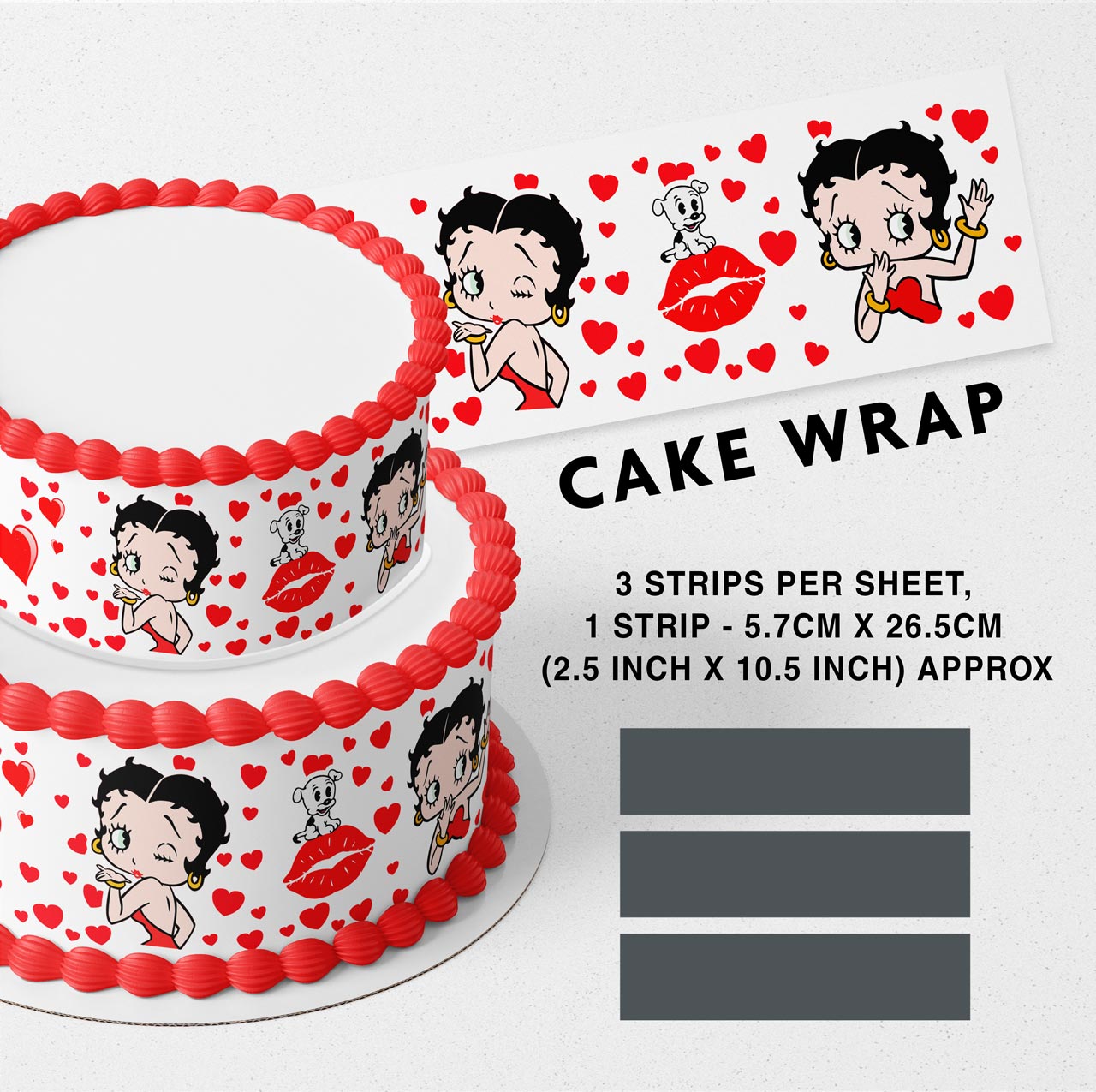 Betty Boop Red Hearts Strips Edible Icing Printed Cake Wrap Strips Topper Ribbon Border image 0