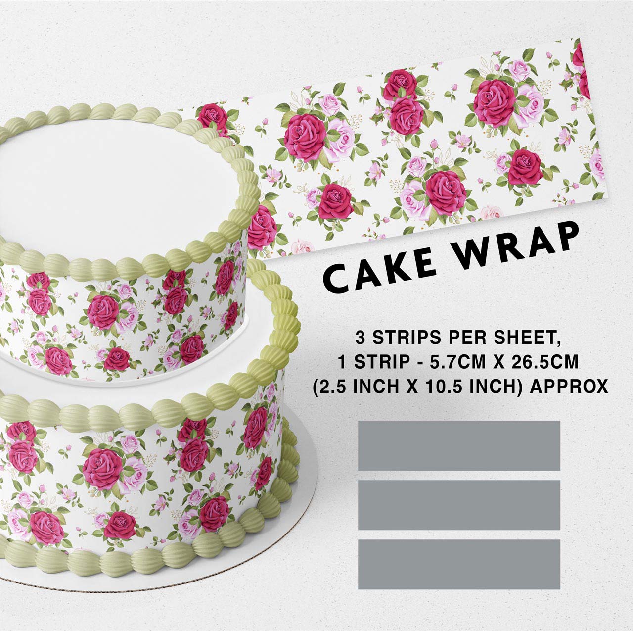 Rose Flower Edible Icing Printed Cake Wrap Strips Topper Ribbon Border image 0