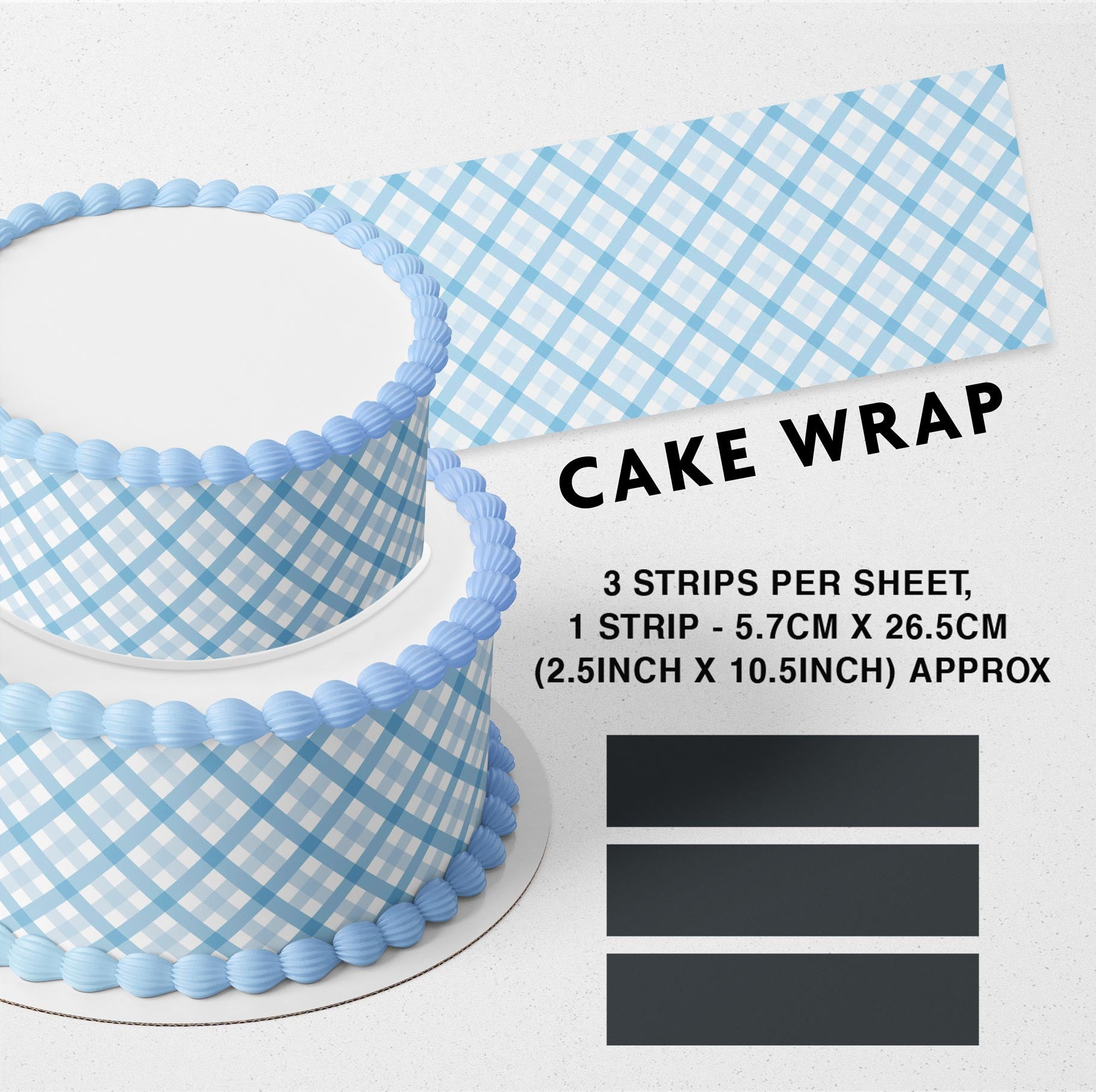 Diamond Blue Plaid Edible Icing Printed Cake Wrap Strips Topper Ribbon Border image 0