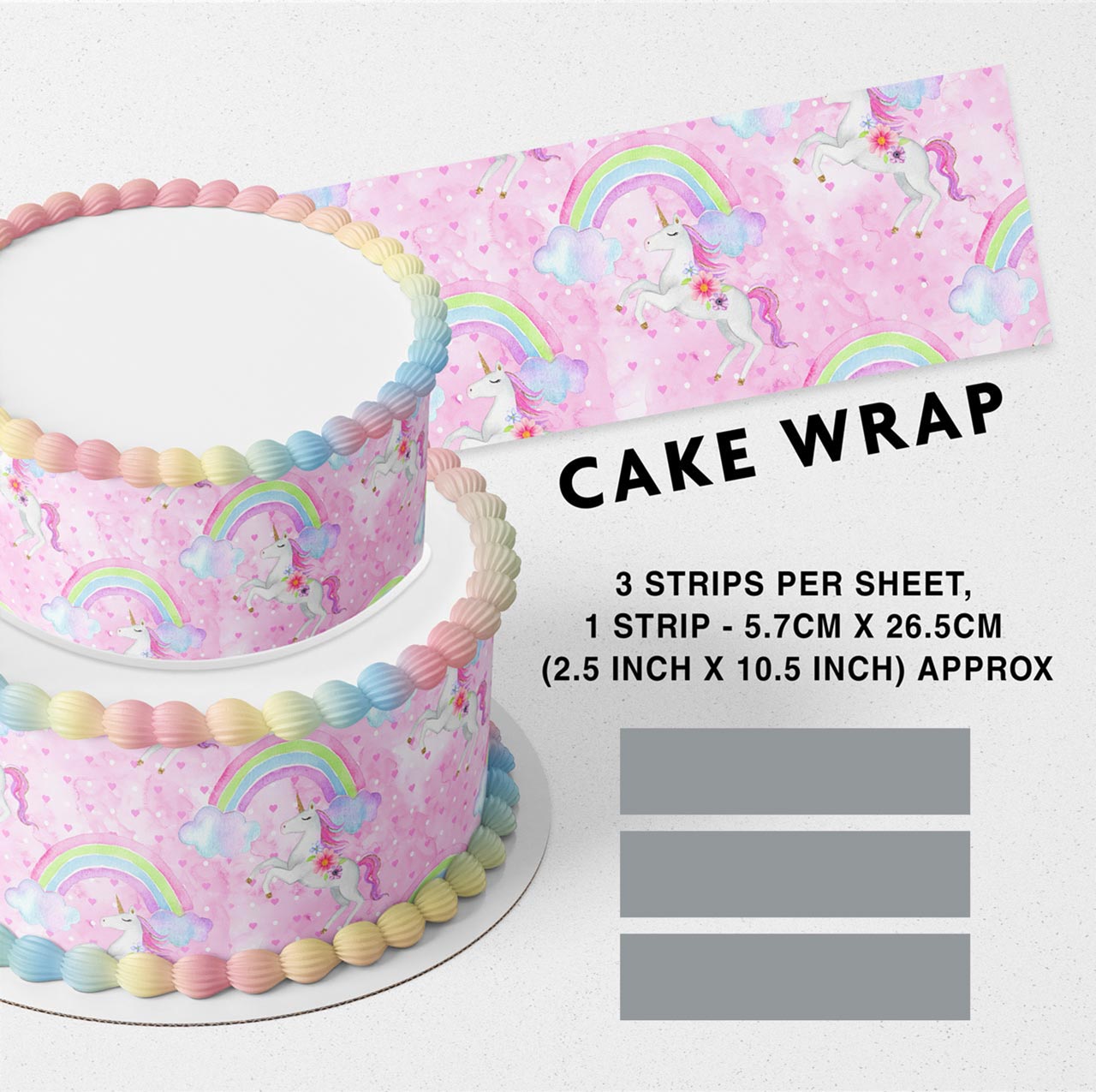 Pink Raimbow Clouds Unicorn Edible Icing Printed Cake Wrap Strips Topper Ribbon Border image 0
