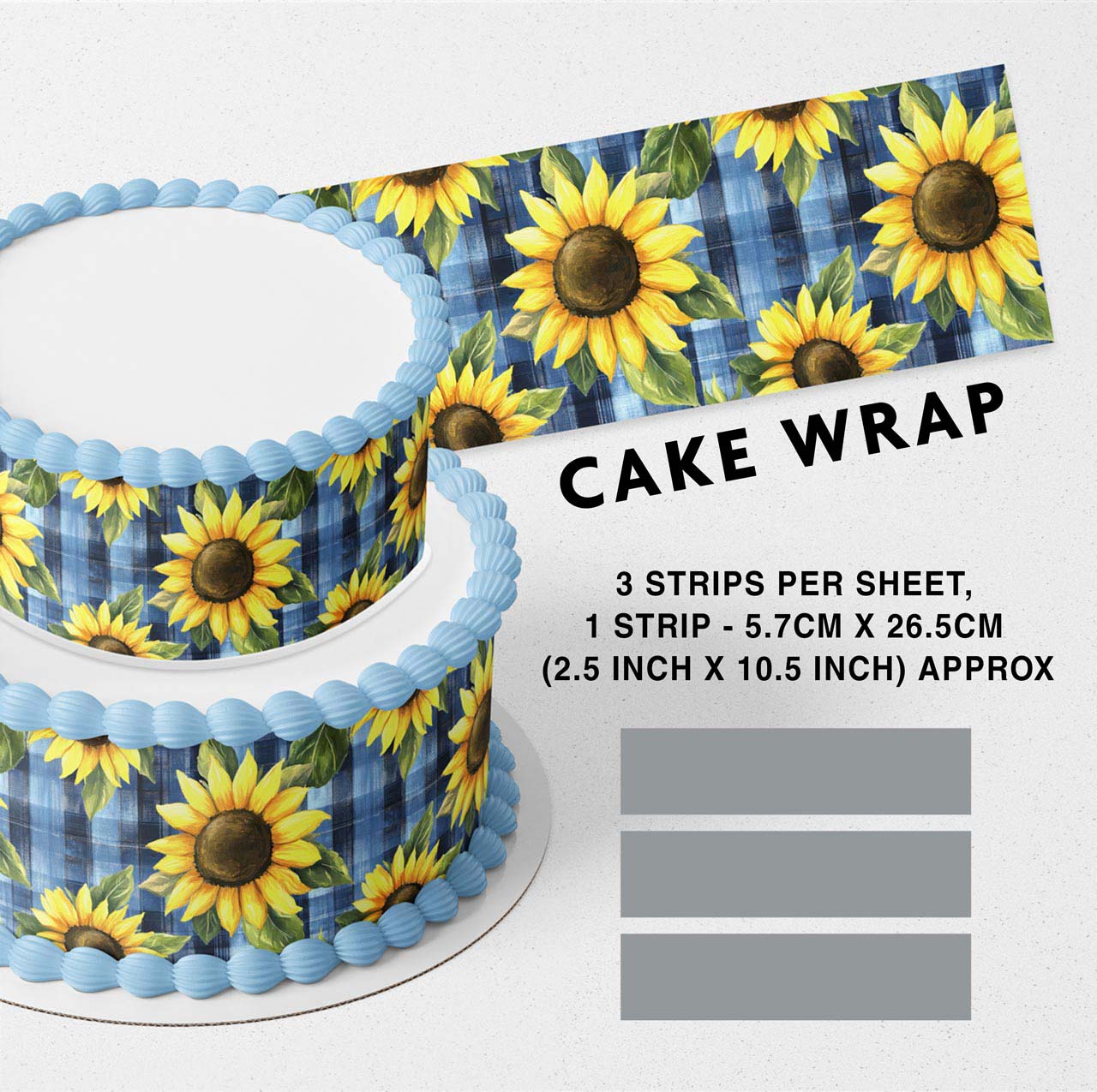Dark Blue Checked Sunflower Edible Icing Printed Cake Wrap Strips Topper Ribbon Border image 0