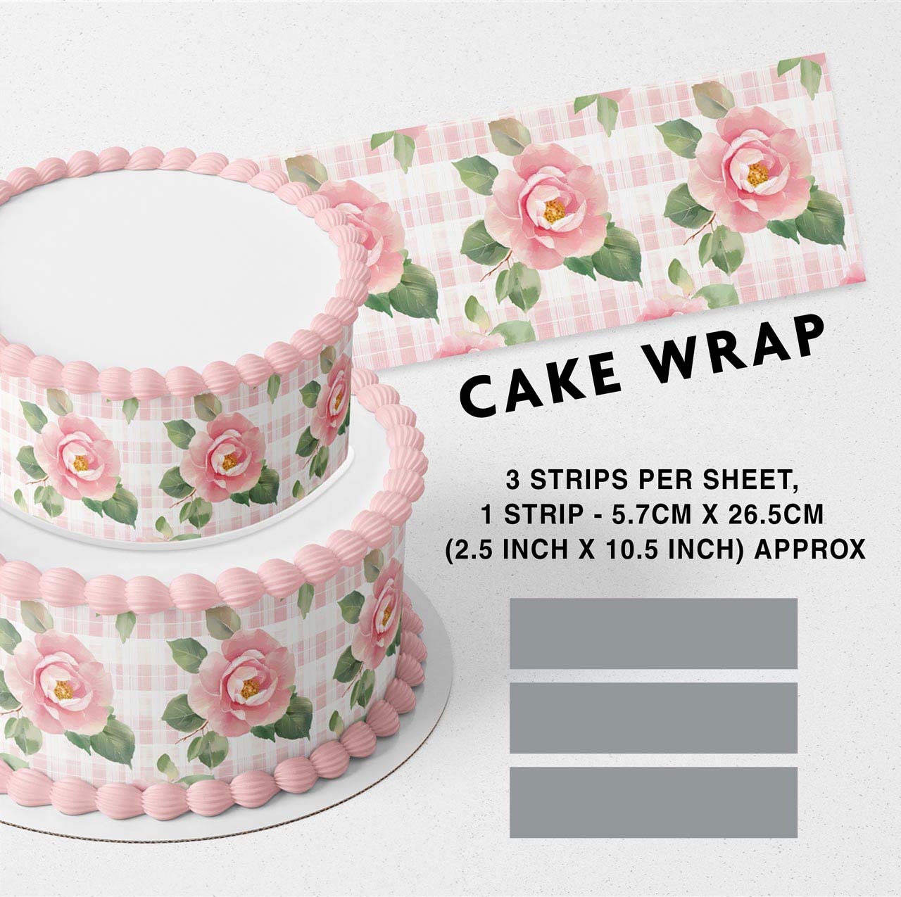 Light Pink Checked Roses St Edible Icing Printed Cake Wrap Strips Topper Ribbon Border image 0