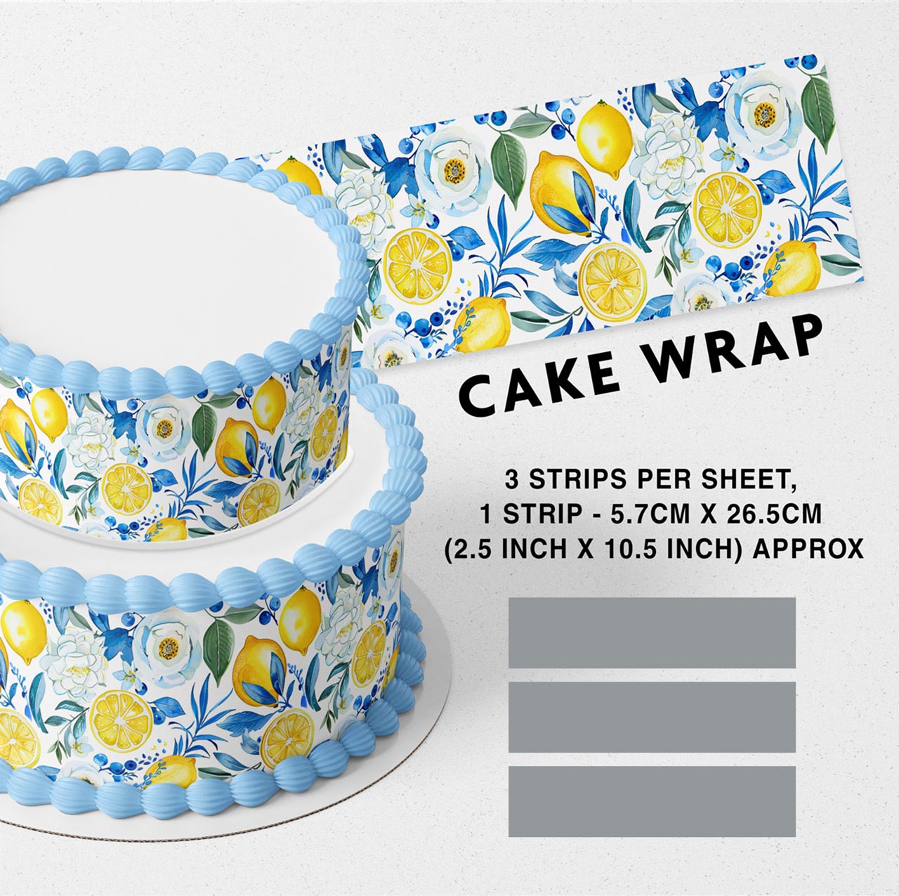 Green Yellow Blue Lemon Lime Citrus Flower Branches Edible Icing Printed Cake Wrap Strips Topper Ribbon Border image 0