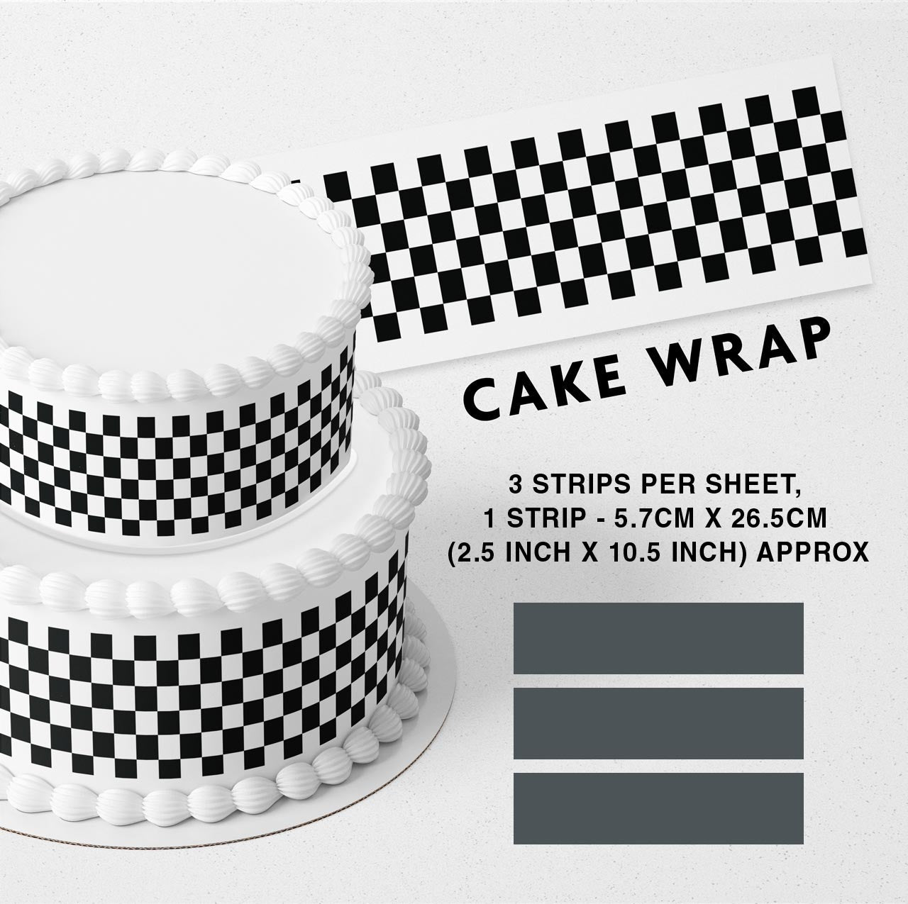 Checkers Black Race Flag Strips Edible Icing Printed Cake Wrap Strips Topper Ribbon Border image 0