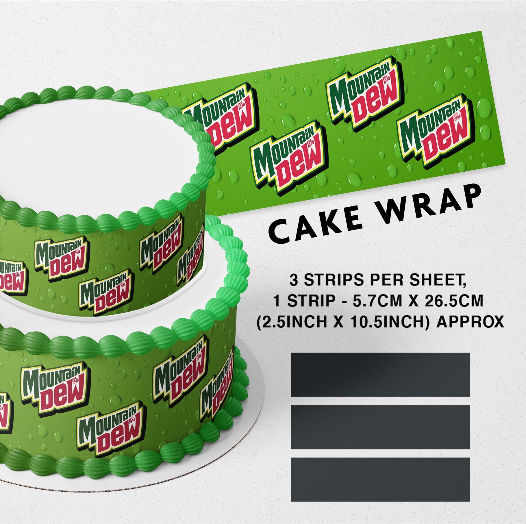 Mountain Drew Soda Drink Edible Icing Printed Cake Wrap Strips Topper Ribbon Border image 0