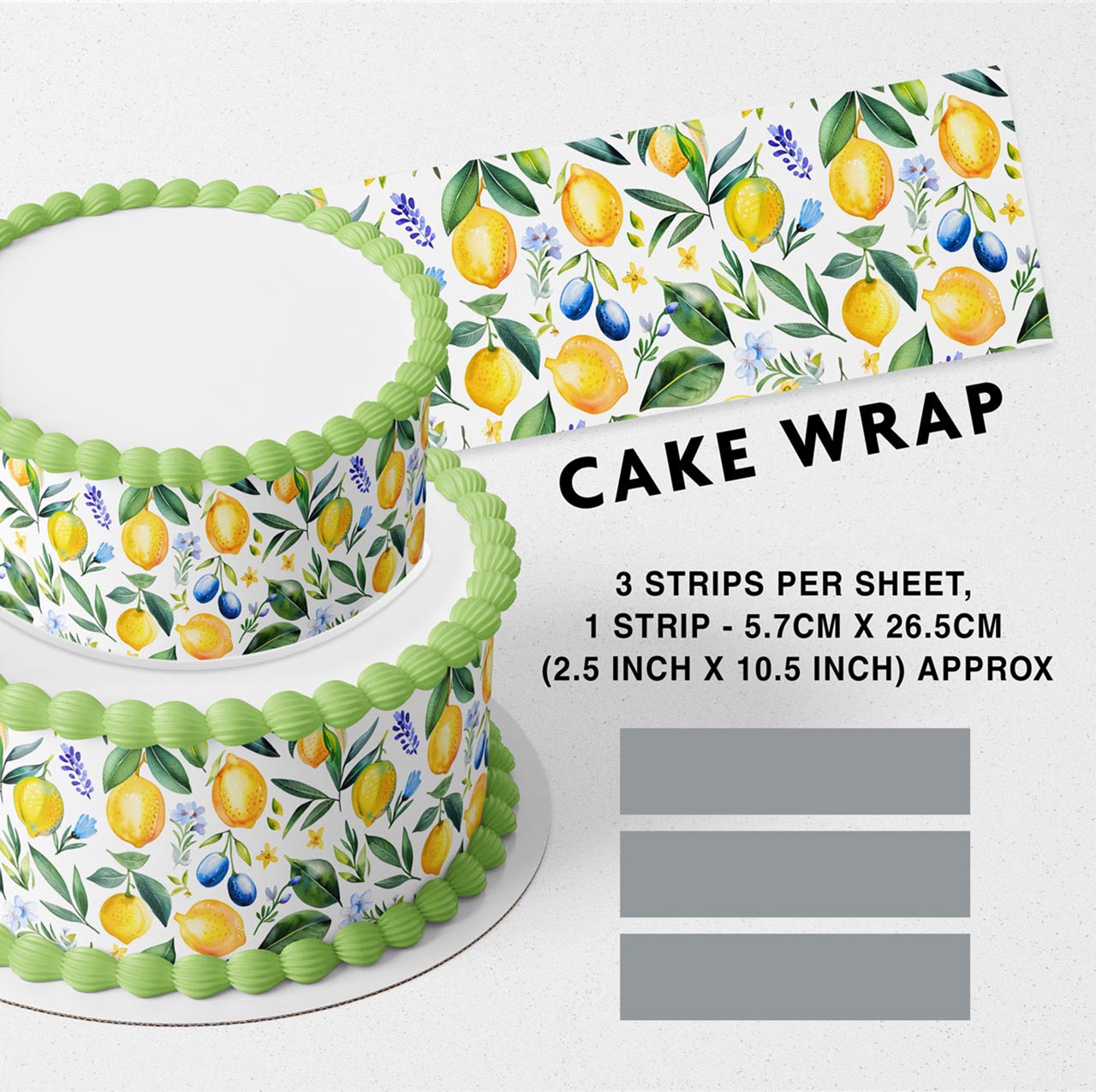 Green Yellow Lemon Lime Citrus Olive Branches Edible Icing Printed Cake Wrap Strips Topper Ribbon Border image 0