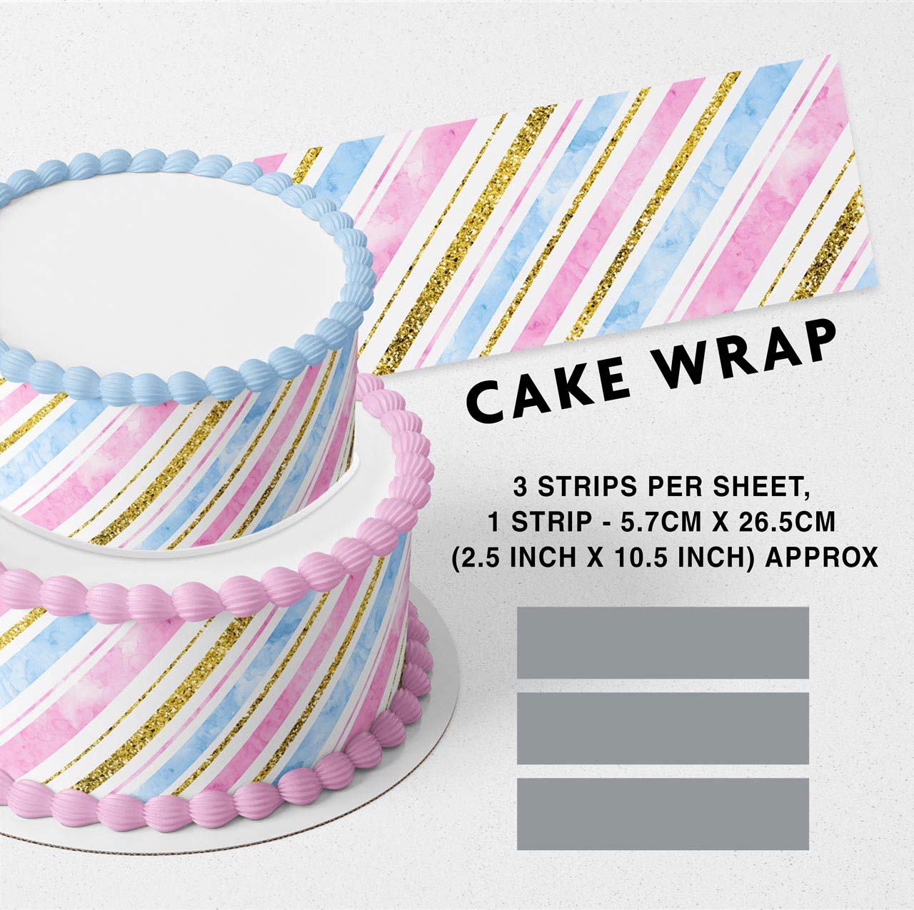 Light Blue Pink Gold Glitter Stripes Edible Icing Printed Cake Wrap Strips Topper Ribbon Border image 0